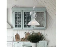 Sospensione Classica Esse 1 Luce Ferro Battuto E Vetro Bianco E Argento