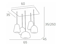 Sospensione Cromo 5 Luci Rettangolare Vetri 1X Alpha + 2X Beta + 2X Gamma Ambra