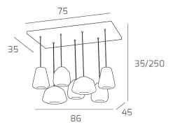 Sospensione Cromo 7 Luci Rettangolare Vetri 2X Alpha + 3X Beta + 2X Gamma Ambra