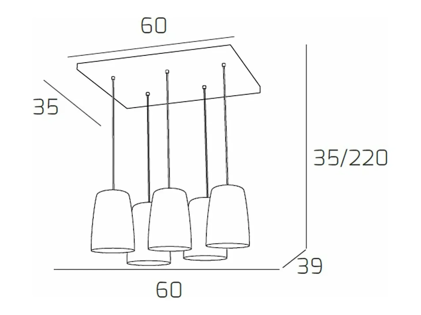 Sospensione Cromo Rettangolare 5 Luci (3 Am + 2 Ra)
