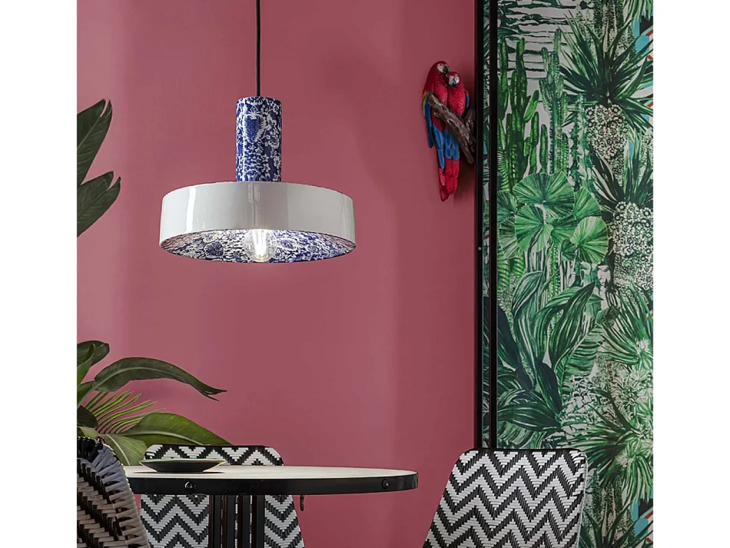 Sospensione Grande Vintage Decò Pi Ceramica Ming Blu 1 Luce E27