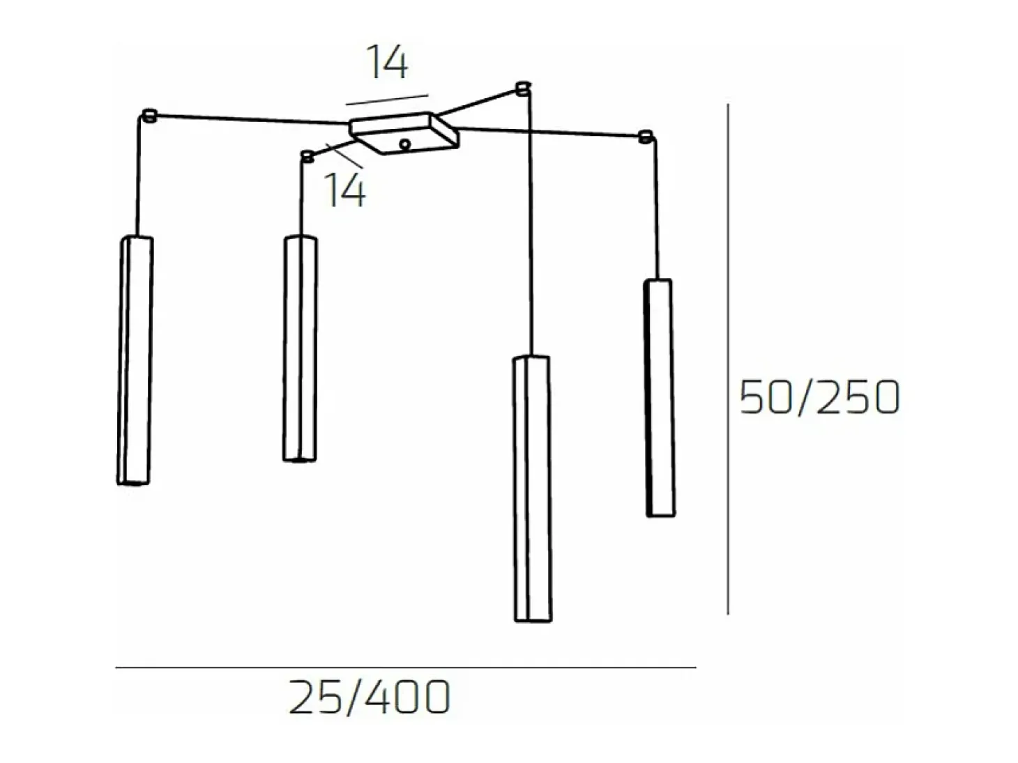 Square Tube Sospensione 4 Luci Nero Cavo Cm.250 Con Base