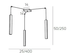 Square Tube Sospensione 3 Luci Nero Cavo Cm.250 Con Base