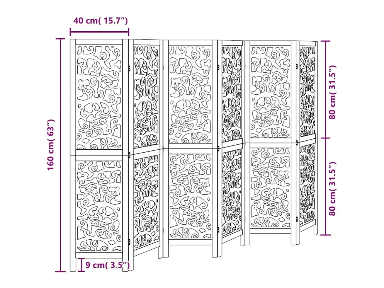 Tabique divisorio de 6 paneles en madera maciza de paulownia negra