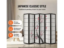 Tabique Divisorio SucceBuy, Tabique Divisorio Japonés con 6 Paneles con Motivos de Flores de Cerezo, Portátil, de Madera, Giratorio en 360°, para Separar Estancias