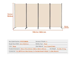 Tabique SucceBuy Biombo de 4 Paneles, Biombo Plegable, Separador Portátil, Separador Independiente para Oficina, Dormitorio y Estudio, Beige