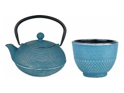 Tetera de hierro fundido Asagao azul 0,9 L + Taza de hierro fundido azul y plata