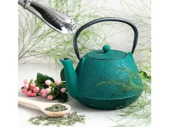 Tetera de hierro fundido Hanami verde esmeralda 1.2 L + pajita de acero inoxidable con filtro