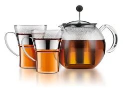 Tetera de émbolo Bodum Assam 1L con filtro de acero inoxidable + 2 tazas de vidrio 0,35L con asa de acero inoxidable