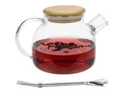 Tetera de vidrio y bambú 1 L + pajita de acero inoxidable con filtro