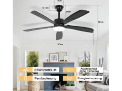 Ventilador de Techo NETTLIFE con Iluminación Silencioso Regulable LED 23W Negro Ventiladores de Techo de 125CM con Luz Temporizador de 6 Velocidades