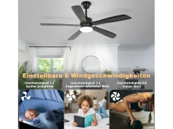 Ventilador de Techo NETTLIFE con Iluminación Silencioso Regulable LED 23W Negro Ventiladores de Techo de 125CM con Luz Temporizador de 6 Velocidades