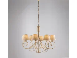 Vienesa - Lámpara de araña marfil con pantallas efecto yute y oro antiguo, 8 luces Ø78