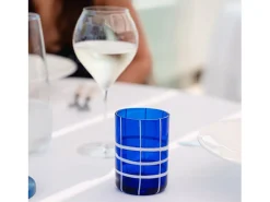 Zafferano Twiddle - Juego de 6 vasos de vidrio soplado azul, 35 cl - Vasos artesanales con decoración blanca, aptos para lavavajillas
