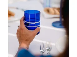 Zafferano Twiddle - Juego de 6 vasos de vidrio soplado azul, 35 cl - Vasos artesanales con decoración blanca, aptos para lavavajillas